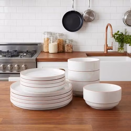 Waterside 12-Piece White and Orange Rim Porcelain Dinner Set – 1