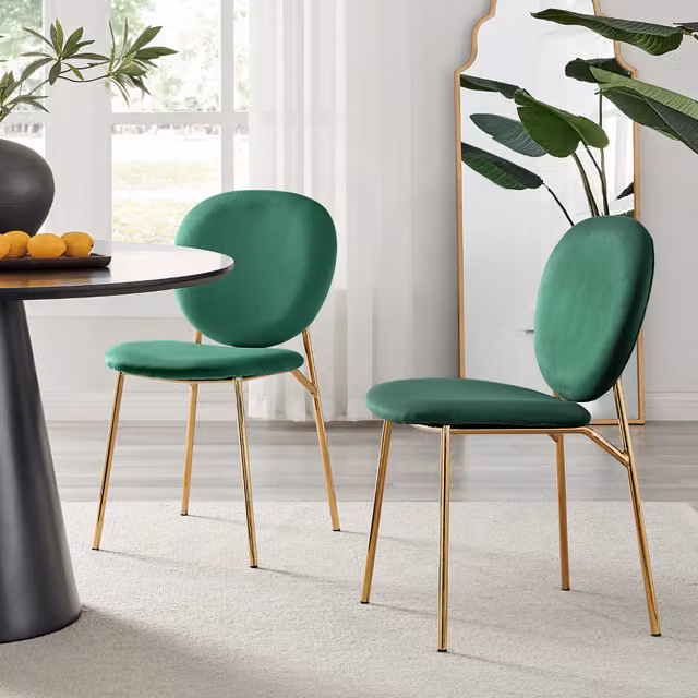 FurnitureboxUK Set of 2 Ivy Upholstered Velvet Kitchen Dining Chairs with Gold Metal Legs, Green