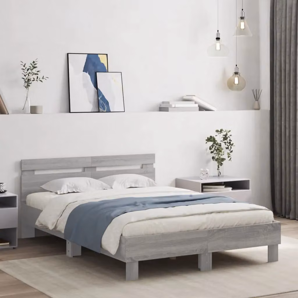 Berkfield Home Small Double Bed Frame in Grey Sonoma with LED Under-Bed Lighting and USB Charging Port, W/D/H: 120 x 200 cm – 2