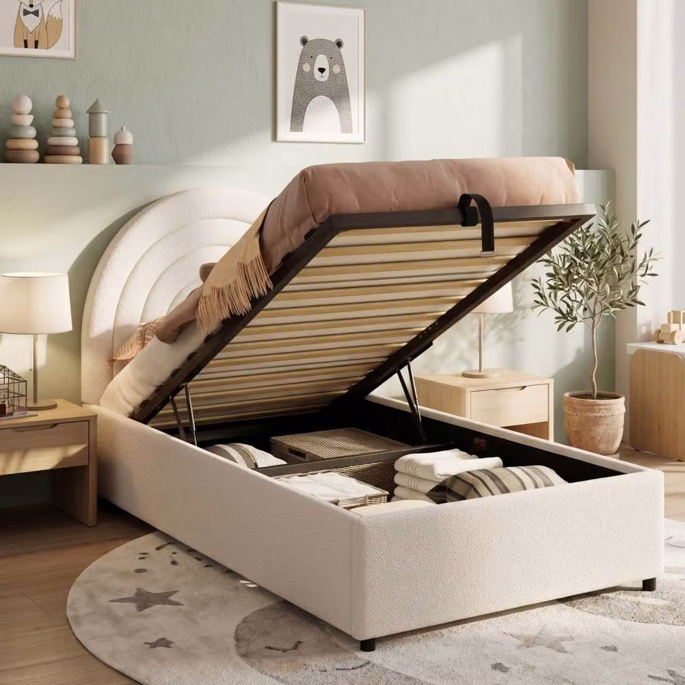 ModernLuxe Kids Single Bouclé Upholstered Bed with Hydraulic Storage and Headboard in Beige – 2