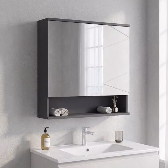 STILVORA Modern Wall Mounted Grey Matt Bathroom Mirror Cabinet with Hinged Doors and Internal Shelves W/D/H: 55 x 55 x 15 cm – 1