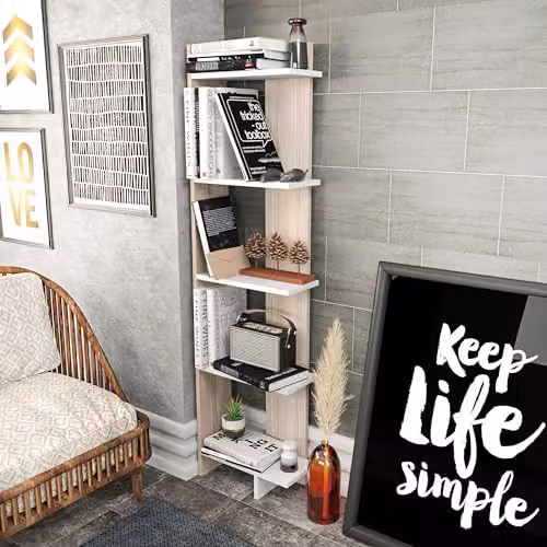 DECOROTIKA Alice 5-Tier Corner Bookshelf in White, H 170 x W 45 x D 22 cm – 1