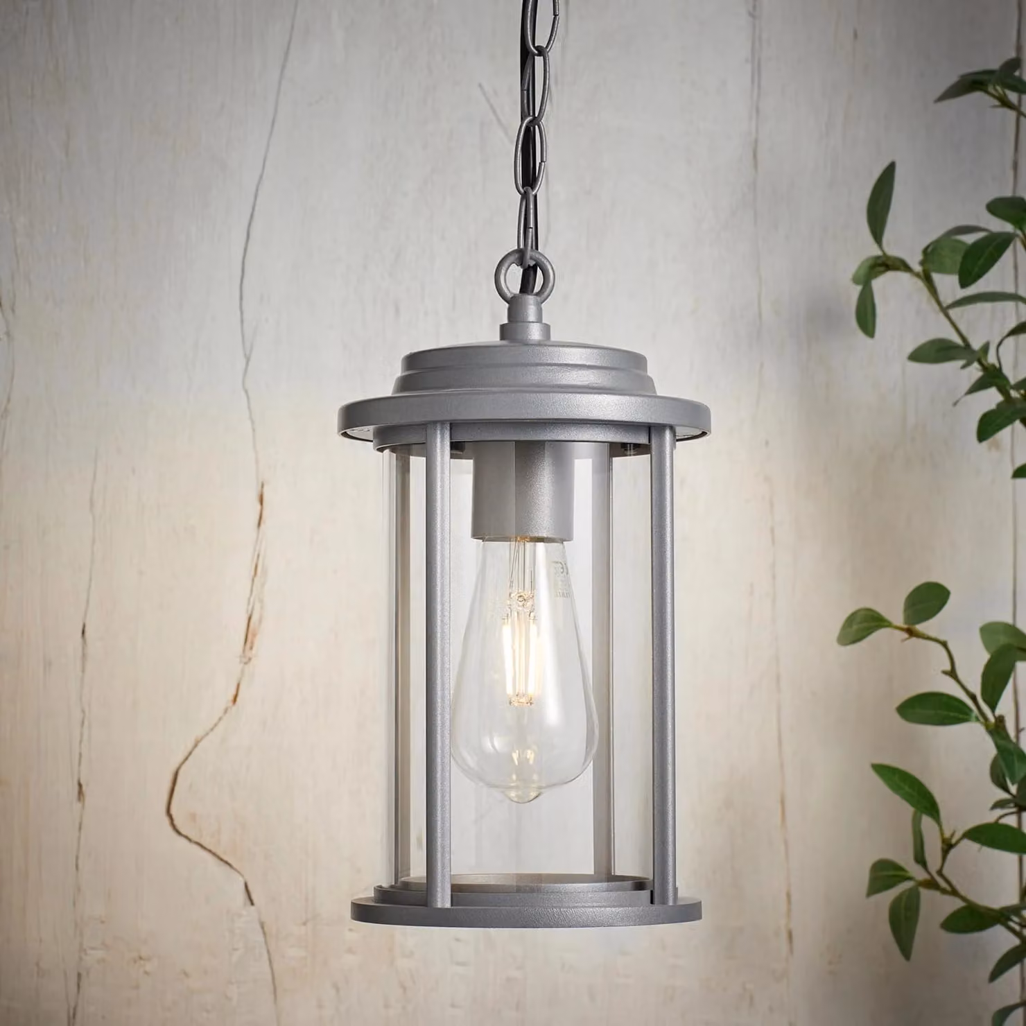 Lights4fun Grey Lantern Outdoor Pendant Light with Glass and Aluminium Construction