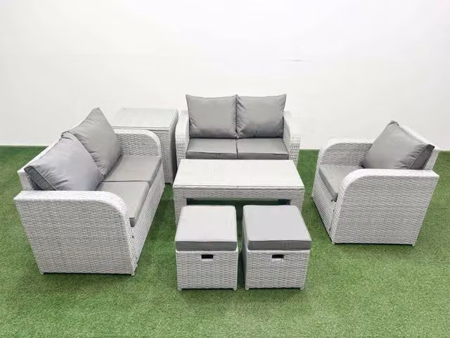 Fimous Grey Poly Rattan Garden Furniture Set with Reclining Chair, Loveseat Sofa, Oblong Coffee Table and 2 Stool Side Tables