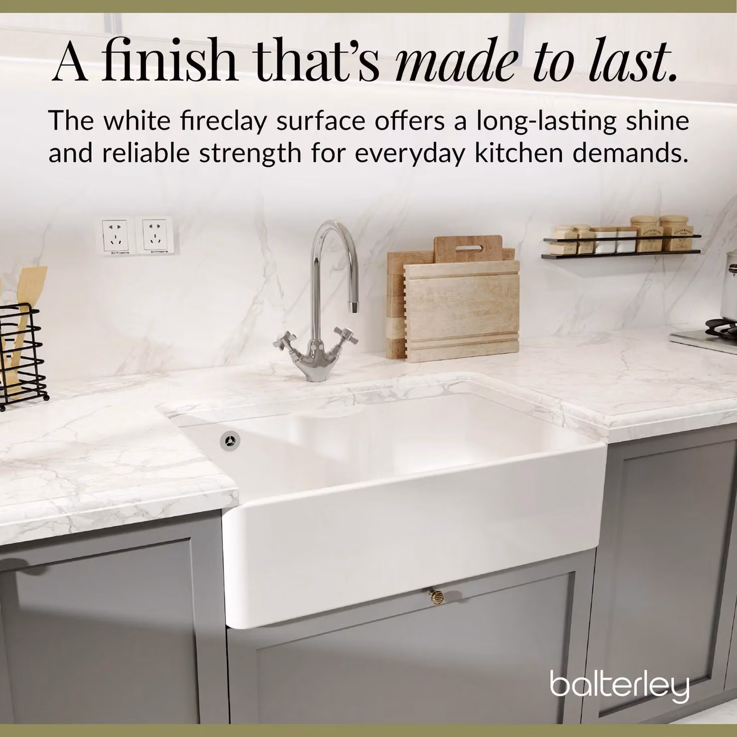 Balterley White Fireclay 1 Bowl Butler Sink with Tap Ledge, Overflow and Waste, W/D/H: 79.5 x 50 x 22 cm – 2
