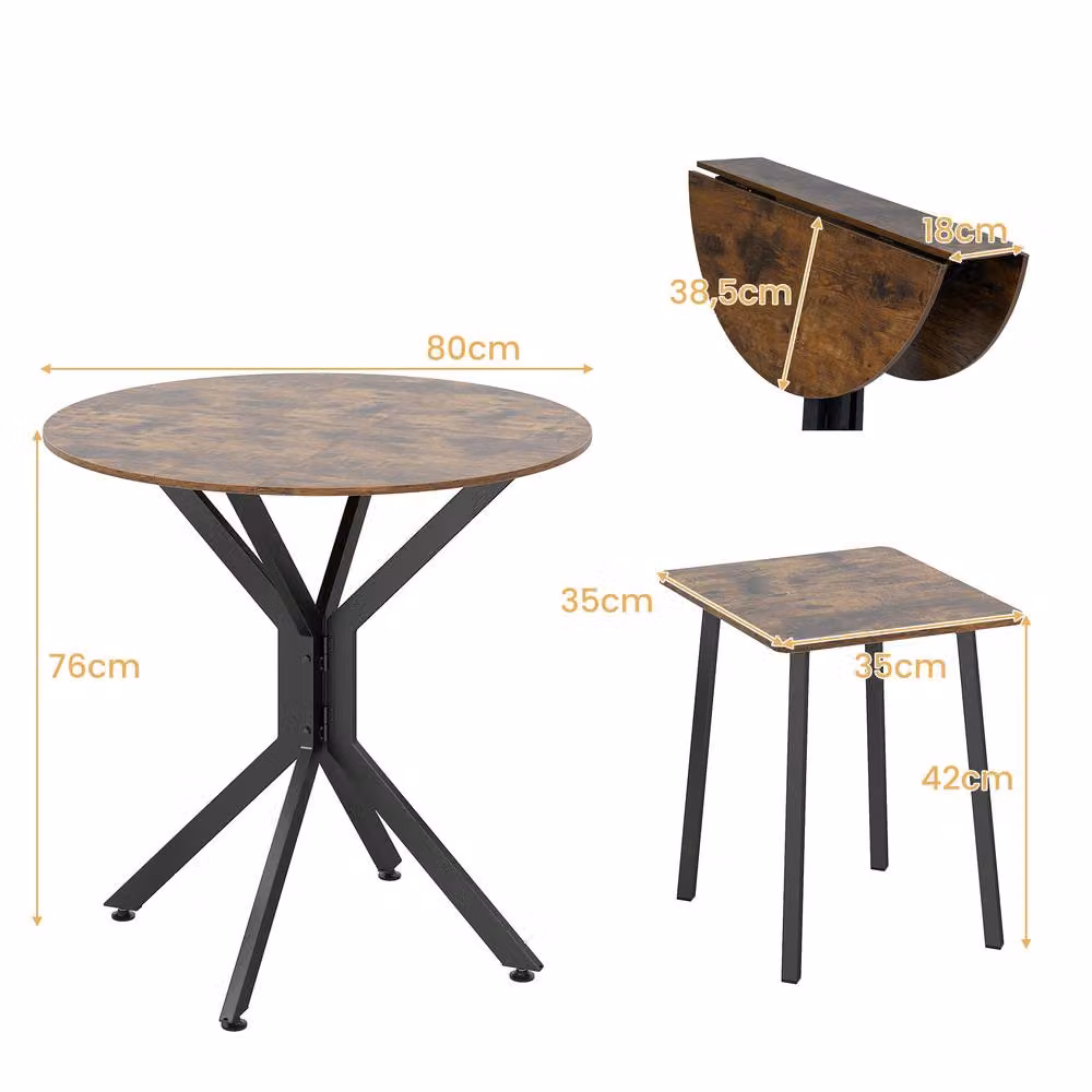 Costway 3-Piece Industrial Round Drop Leaf Dining Table Set in Brown – 2