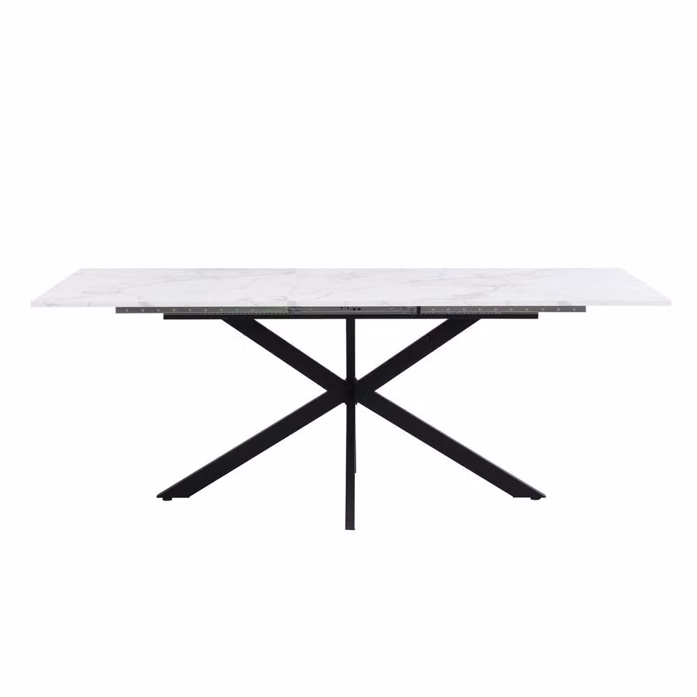 Mona Vale Furniture Modern White Marble-Look Extendable Rectangular Dining Table with Black Metal X-Frame Base – 2