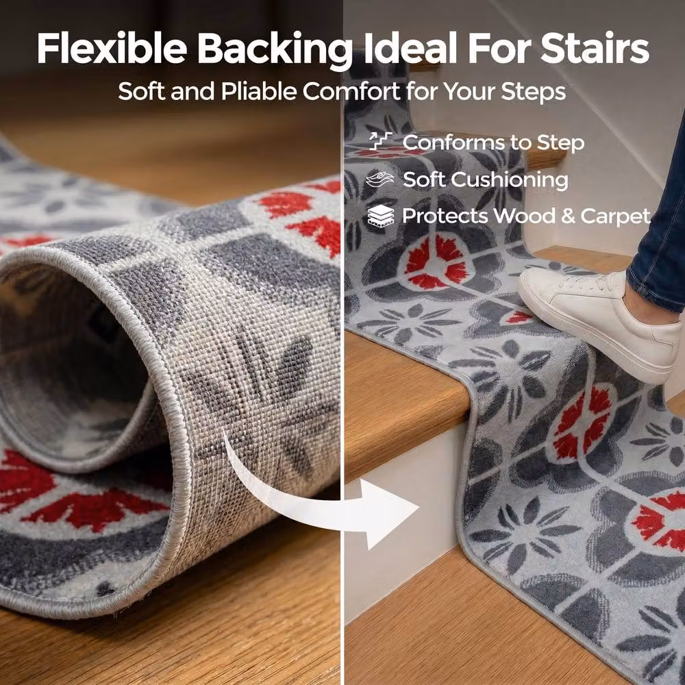 Bravich LTD Red Floral Tile Hallway Runner Rug, Non-Slip Low Pile Polypropylene Carpet, W: 60 cm, L: 300 cm – 4