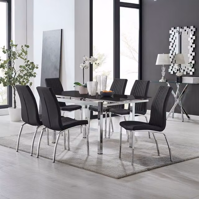 Furniturebox Enna Black Glass Extending Rectangular Dining Table and 6 Isco Chairs Set