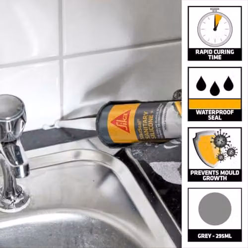 Sika SikaSeal Sanitary Silicone + Mould Resistant Waterproof Sealant, Grey, 295ml – 2