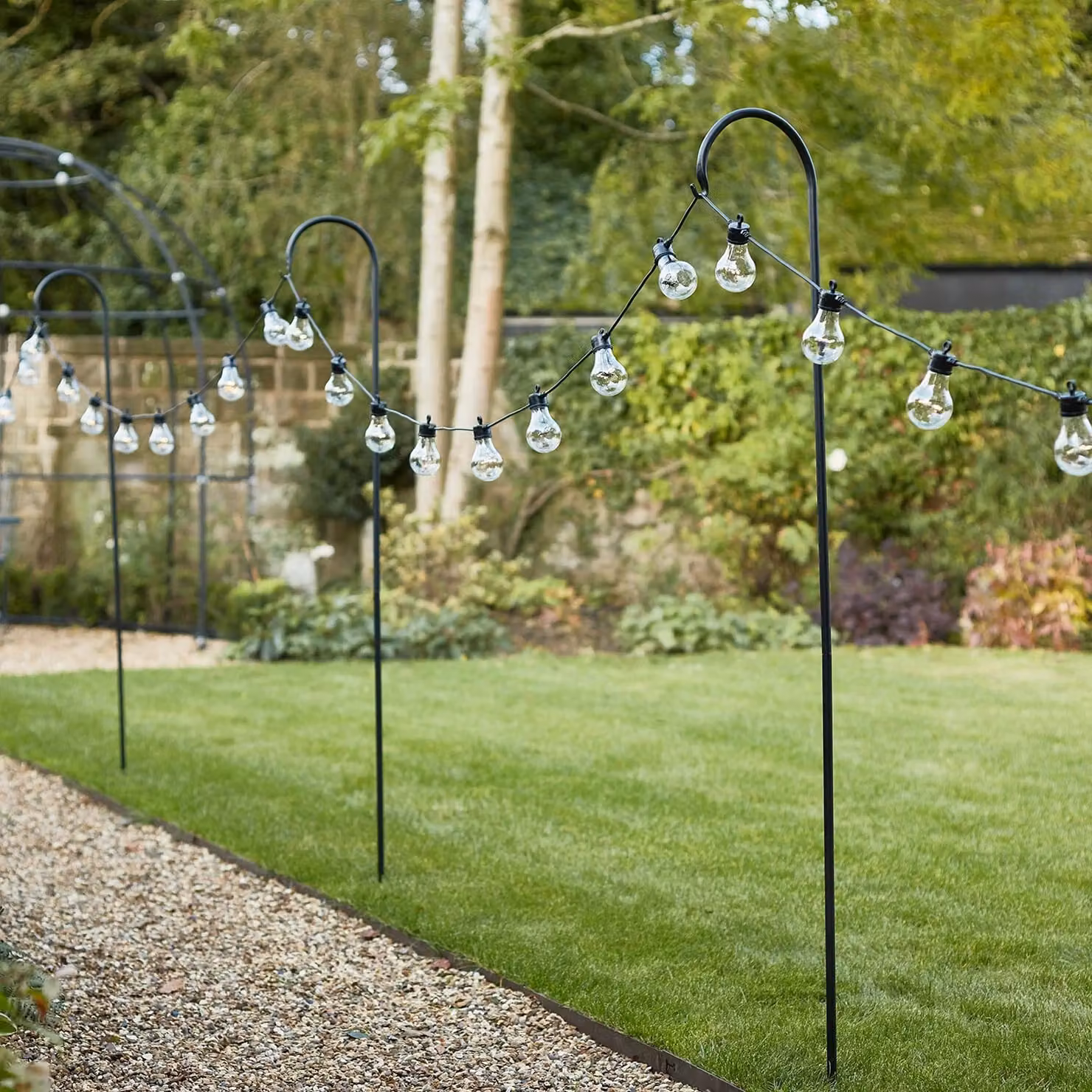 Lights4fun Set of 3 Black Metal Shepherd's Hook Festoon Poles, Height: 160 cm