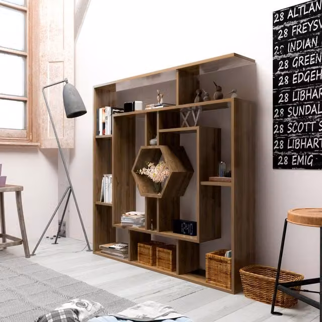 Labrina Modern Geometric Wall Mounted Bookshelf in Brown Wood and Composite, H 134.0 x W 31.8 x D 23.0 cm