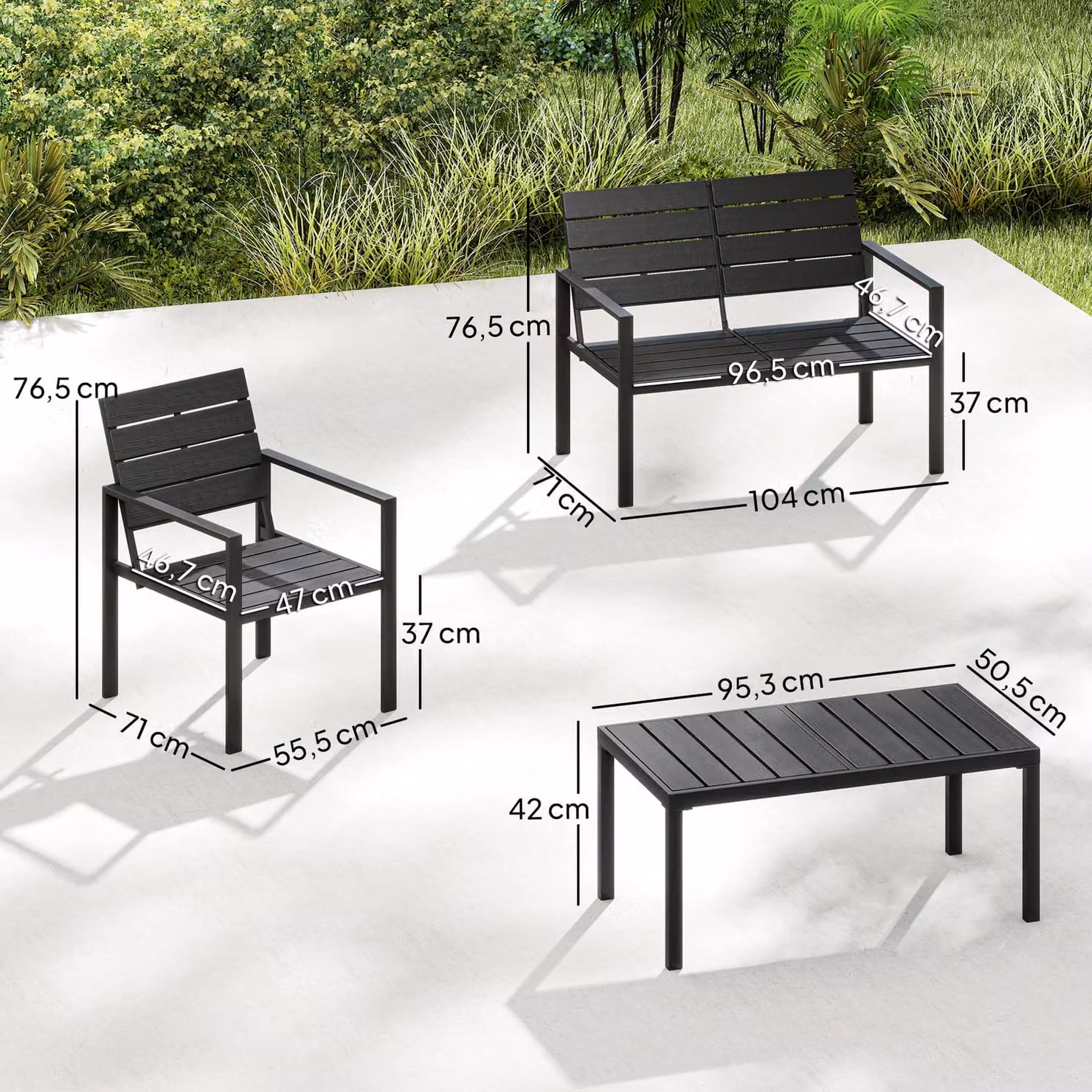 Outsunny 4 Piece Garden Furniture Set in Black with HDPE Slatted Loveseat, Armchairs, Coffee Table and Cushions – 3