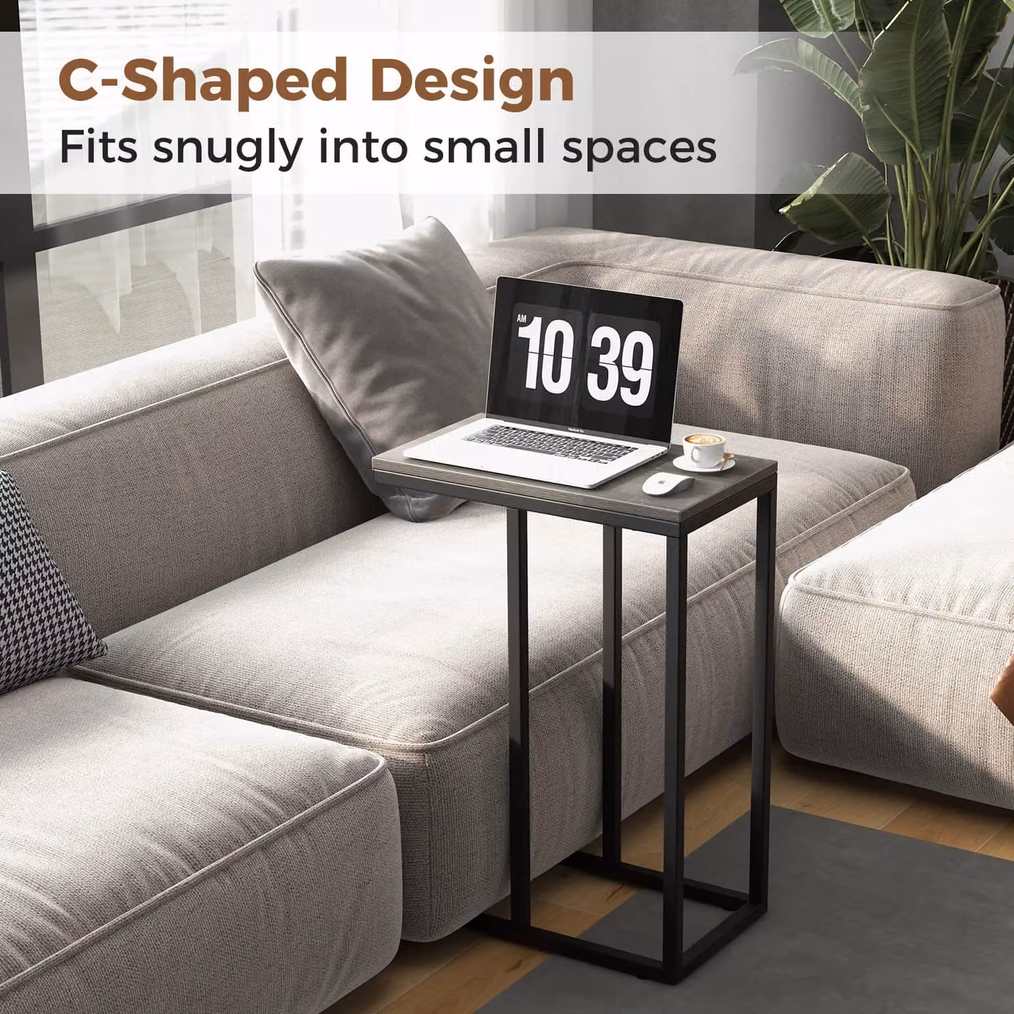 Costway C-Shaped End Table for Couch and Bed, Oak in Grey, Height: 64 cm – 5