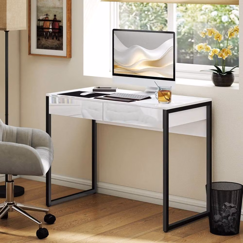 VOGREX Modern High Gloss Computer Desk in White and Black with Single Pedestal and Metal Sled Base, W/D/H: 100 x 60 x 75 cm – 2