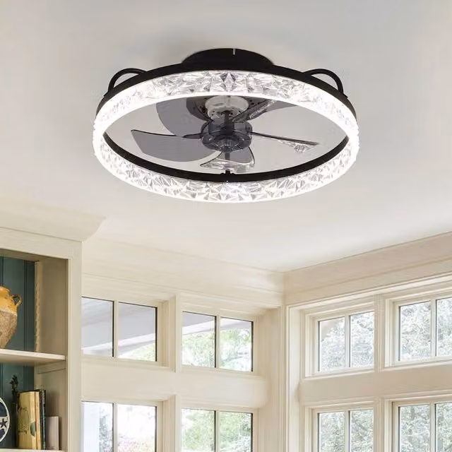 Livingandhome Dimmable Tri-Color LED Ceiling Fan Light with Crystal Halo Ring and Remote Control, Black