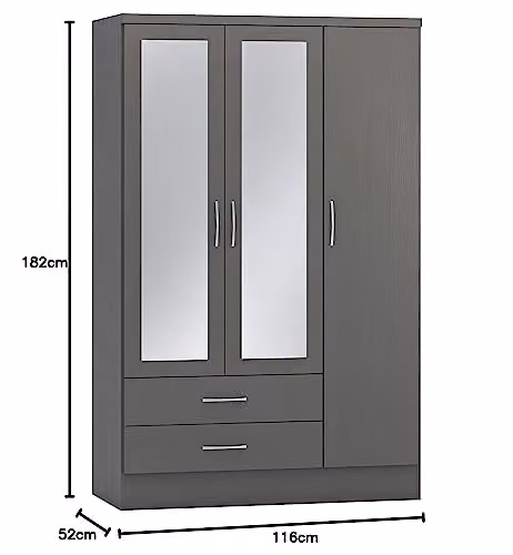 Seconique Nevada Matt Grey 3 Door 2 Drawer Mirrored Wardrobe H 182.5 x W 116 cm x D 52 cm – 3