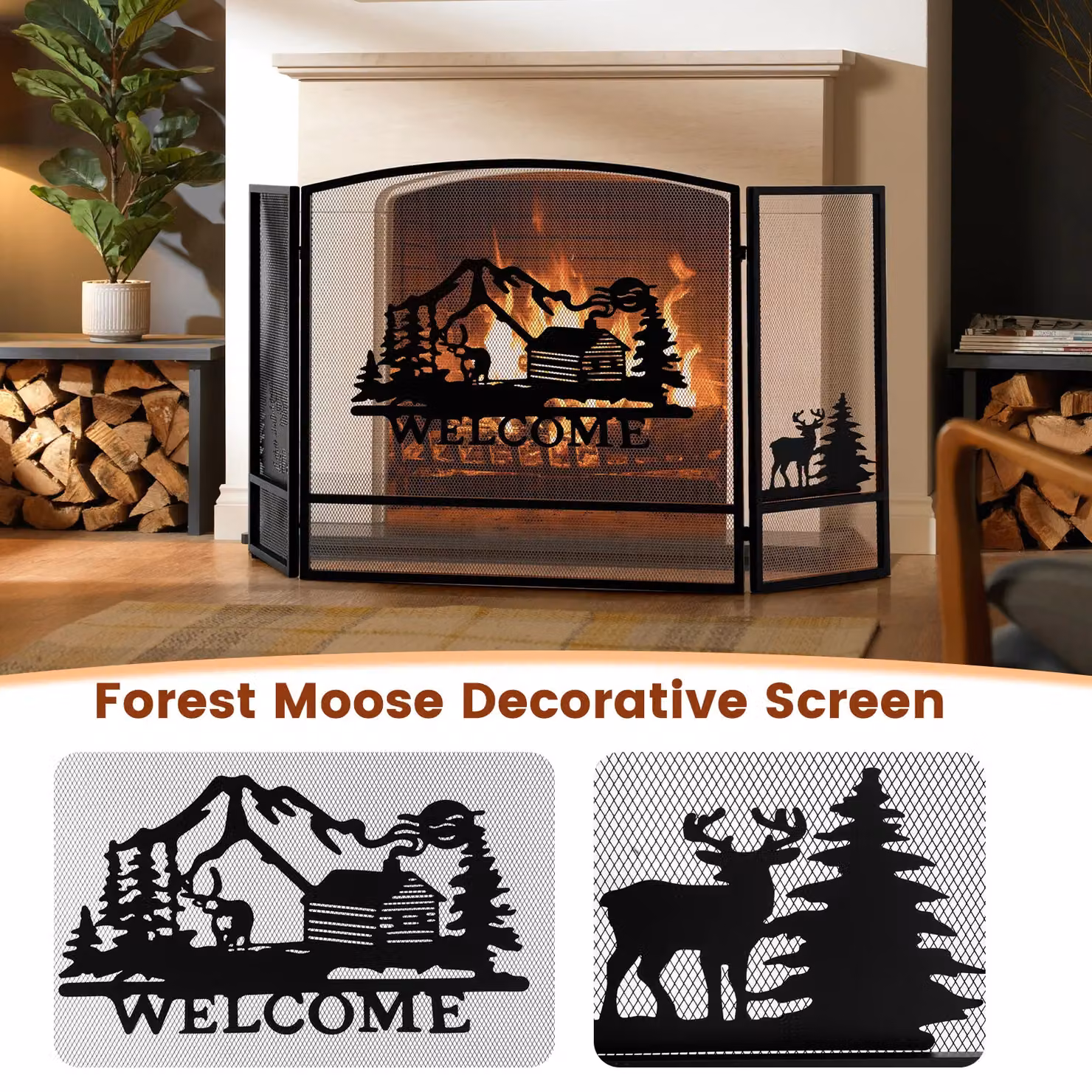 Costway 3-Panel Folding Fireplace Spark Guard with Natural Scenery and Moose Pattern, Black, W: 139 cm, H: 75 cm, D: 75 cm – 6