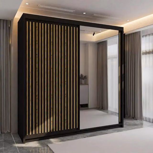 Sliding Wardrobes 4 u Modern Black Sliding Door Wardrobe with Mirror, Width: 203 cm