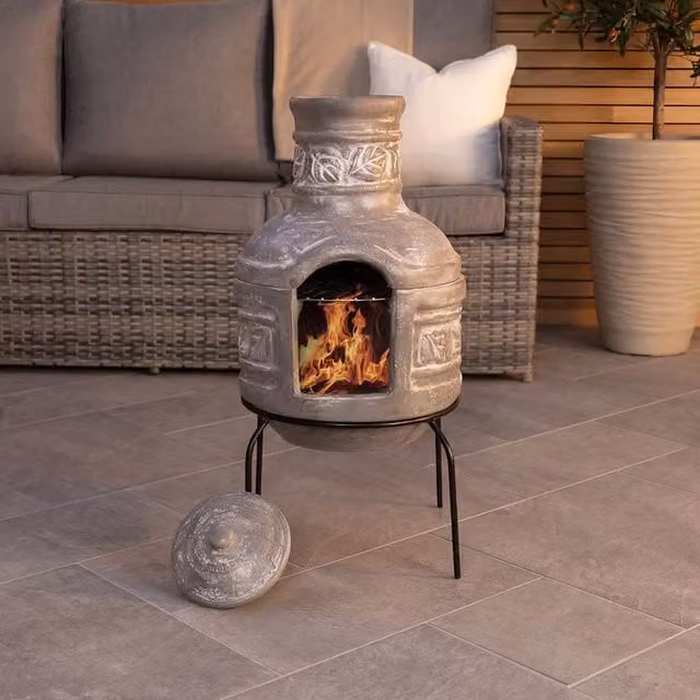 Charles Bentley Clay Chiminea BBQ Grill with Leaf Motif Rain Lid in Grey – 1