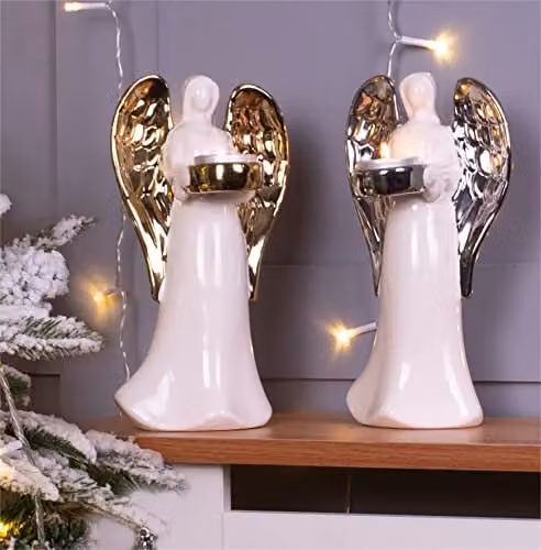 St Helens Home & Garden Ceramic Winged Angel Tealight Holder in White and Gold Wings – 3