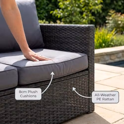 Bravich 6 Seater Grey Polyrattan L Shape Garden Furniture Set with Ottoman and Cushions – 5