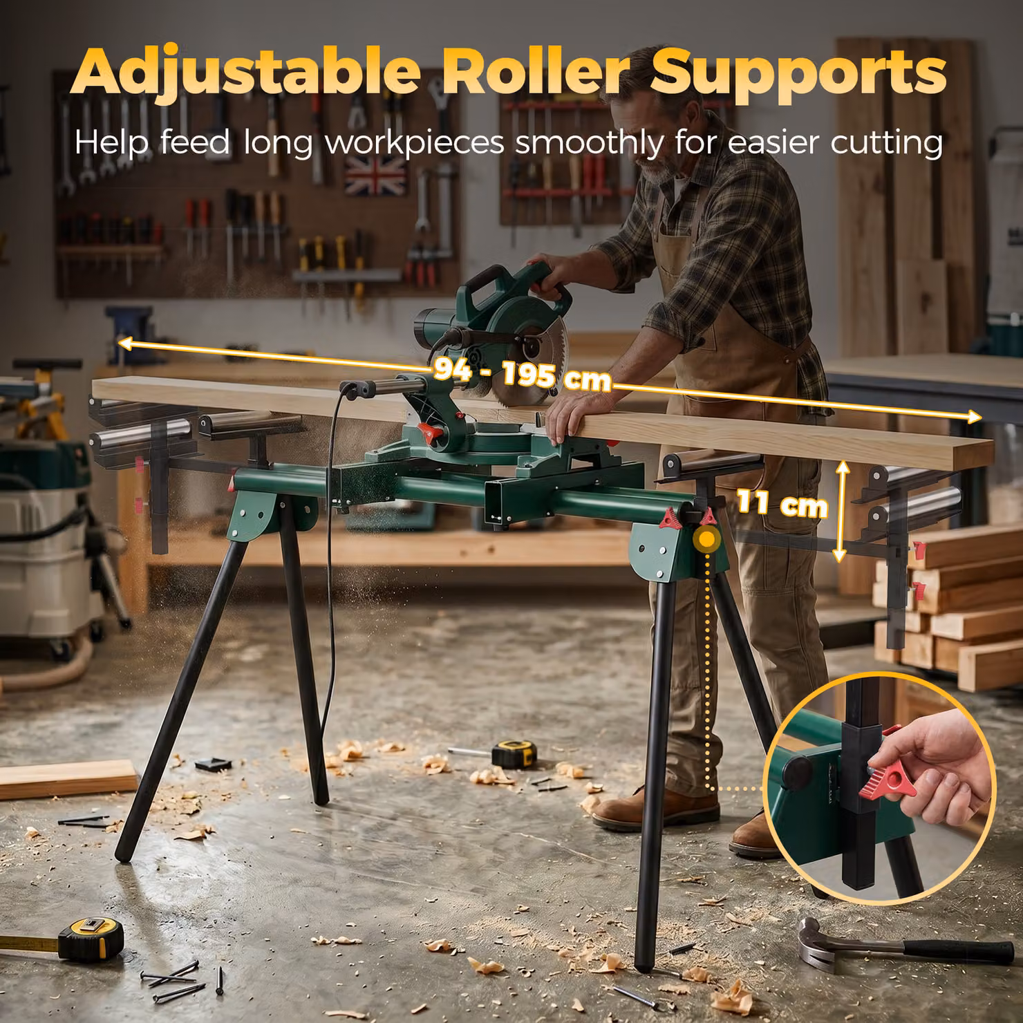 HOMCOM Universal Mitre Saw Stand with Adjustable Rollers, Support Arms and Folding Metal Legs – 4