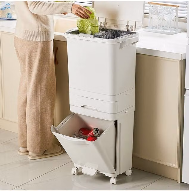 Living and Home 49L 3-Tier Rolling Dustbin with 2 Removable Inner Buckets for Dry and Wet Separation, White