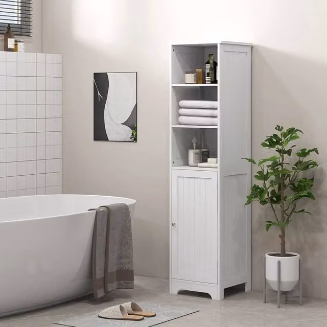 HOMCOM Freestanding Tall Bathroom Cabinet in White with Adjustable Internal Shelves and Hinged Doors, H 160 x W 40 x D 20 cm
