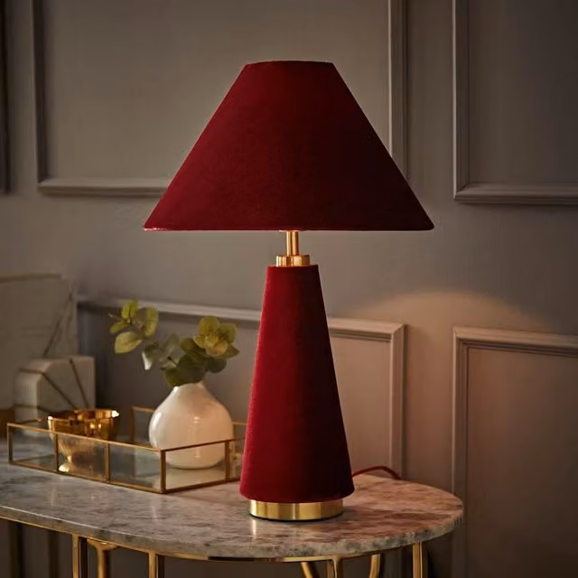 ValueLights Martha Conical Velvet Table Lamp in Red and Gold/Brass