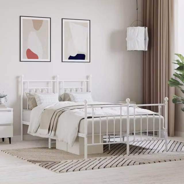Berkfield Home Metal Bed Frame with Headboard and Footboard in White, W/D/H: 120 x 200 cm