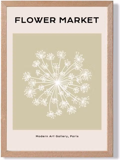 ARTZE Dandelion Flower Market Simplicity Framed Print in Green and Beige with Oak Wood Frame, A4
