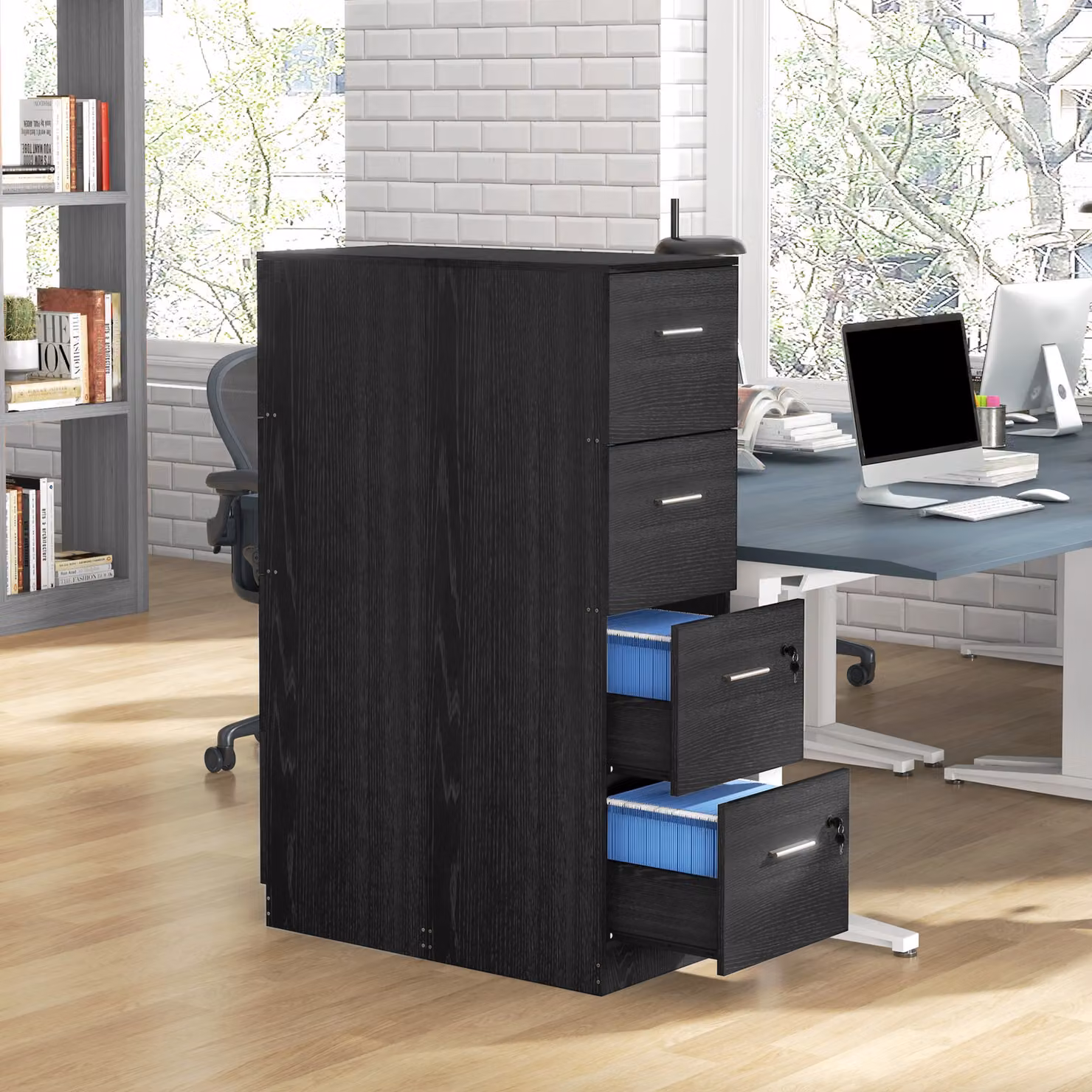 HOMCOM Black Tall Filing Cabinet with 4 Lockable Drawers and Adjustable Hanging Bar for A4 and Letter Size Documents – 5