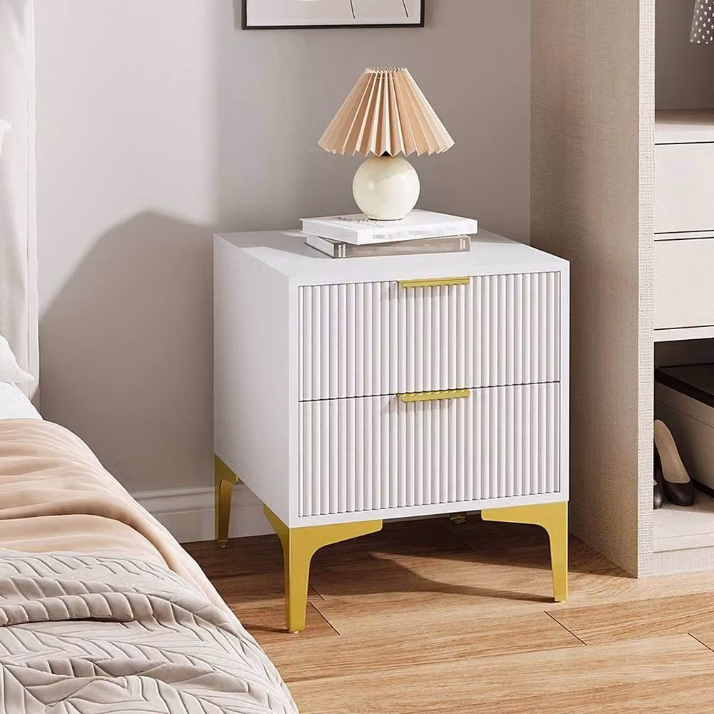 VOGREX White Glossy Bedside Table with 2 Drawers and Gold Legs – 2