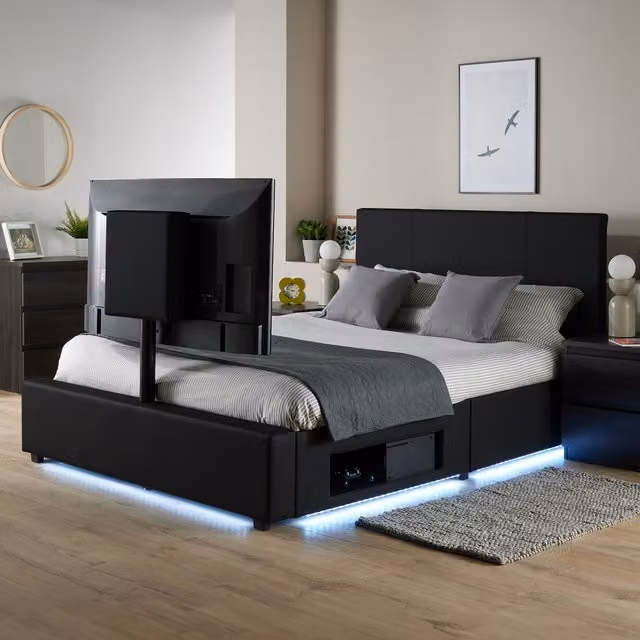 XR Living Ava Upholstered TV Bed with LED Lighting, Black, W: 90 cm, D: 190 cm