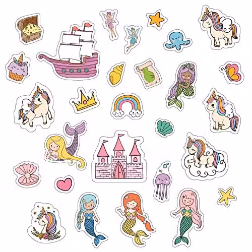 WALPLUS 28 Piece Multicolour Unicorn and Mermaid Window Stickers, Reusable and Removable Vinyl Gel Clings for Kids, Classrooms and Mirrors – 1