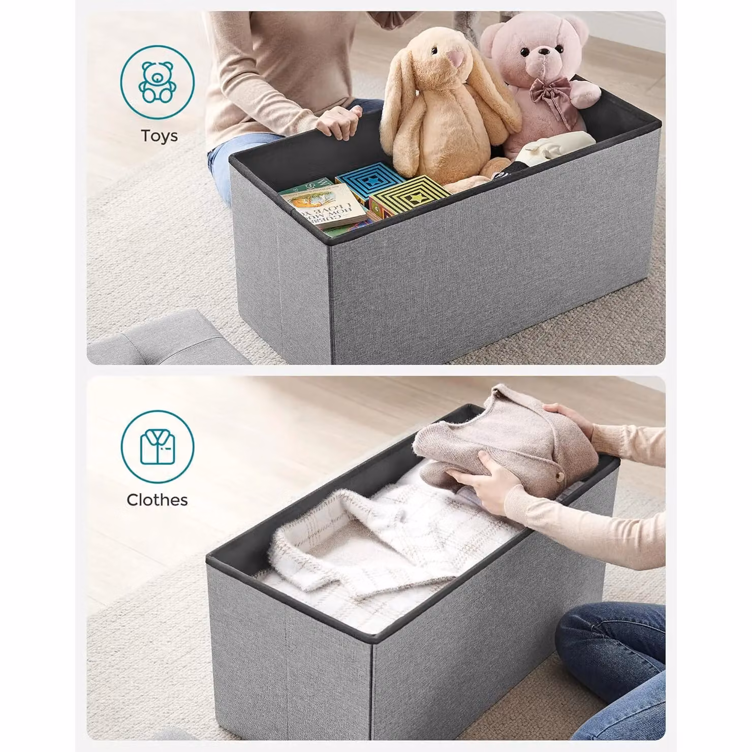 SONGMICS Medium Foldable Storage Bench Ottoman with Flipping Lid in Light Grey – 3