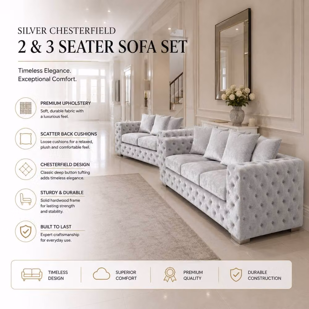 Stratus Interiors Ashley Silver Fabric Chesterfield 2 and 3 Seater Scatter Back Sofa Set – 3