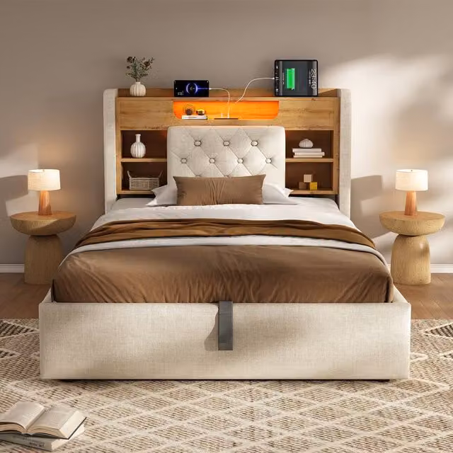 Merax Double Ottoman Bed with Storage, Headboard, USB Charging Port and Bedside Shelf, Beige, W/D/H: 140 x 200 x 143 cm – 1
