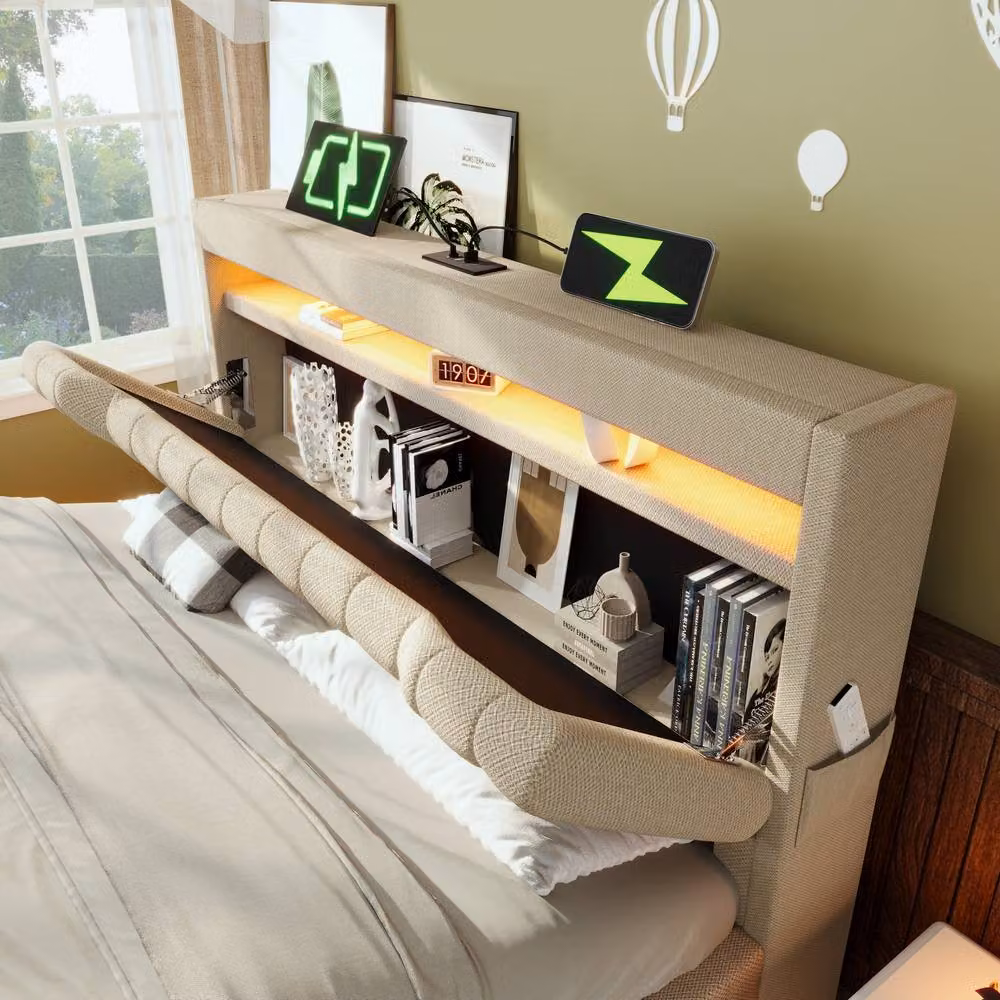 Merax Beige Upholstered King Size Storage Bed with LED Lighting, USB Charging Ports and Lift-Up Base, W/D/H: 180 x 200 cm – 9