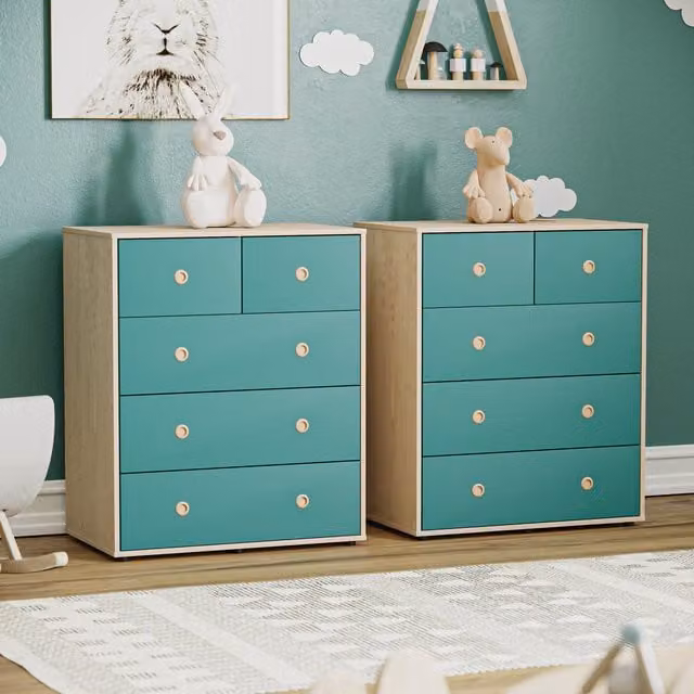 Vida Designs Set of 2 Neptune 5 Drawer Chests in Blue and Oak