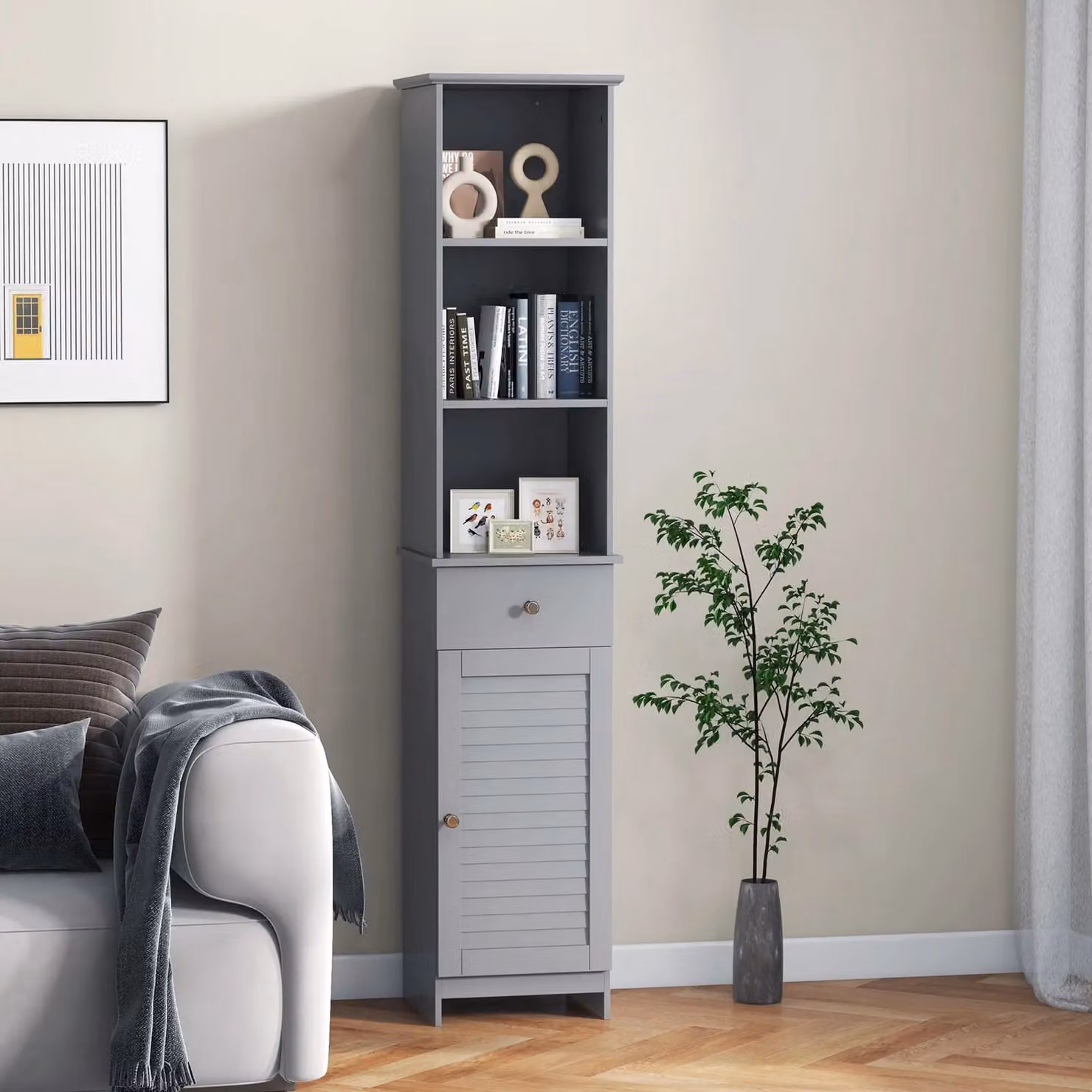 Gymax Grey Modern Freestanding Bathroom Cabinet with Adjustable and Open Shelves, Height: 164 cm – 2