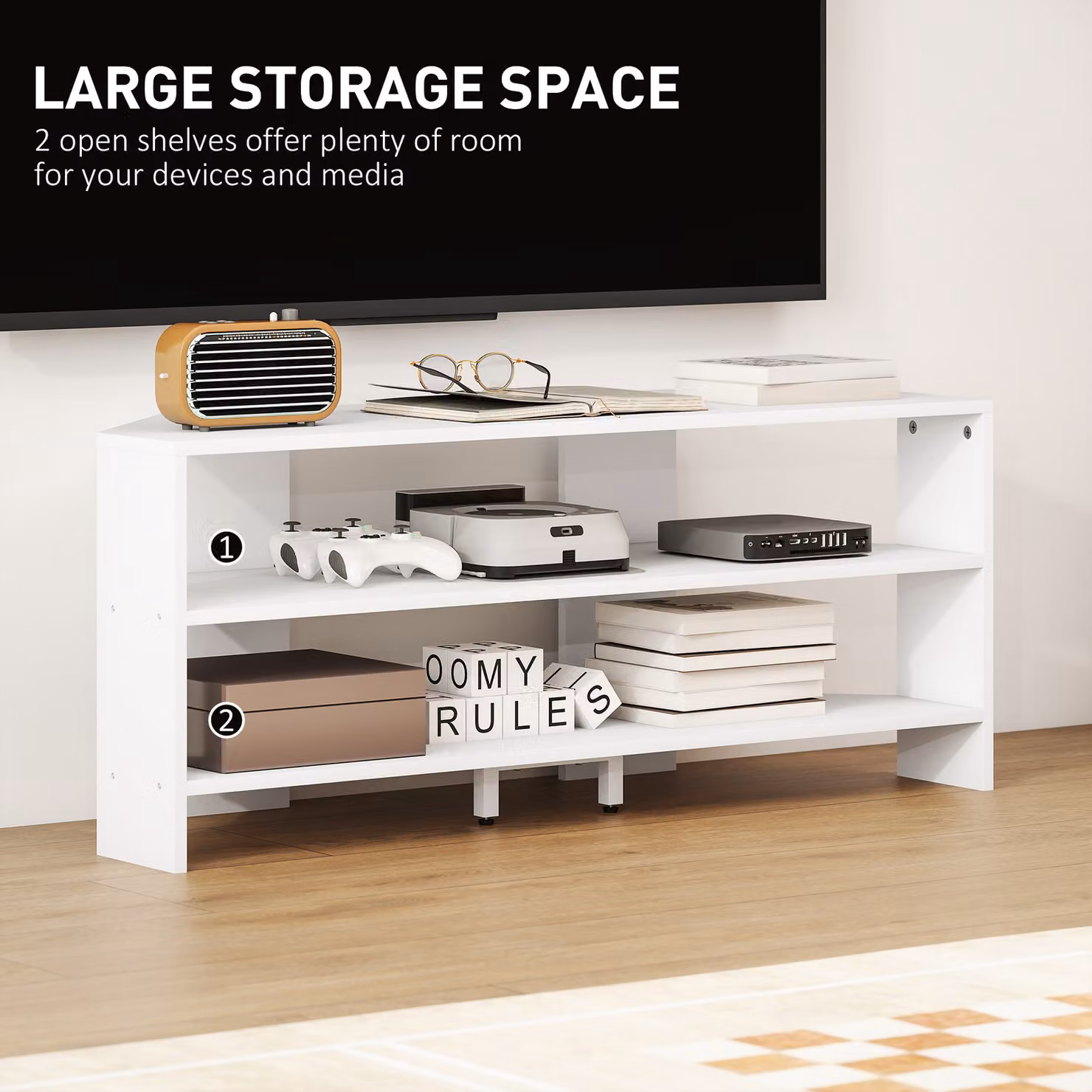 HOMCOM White Corner TV Stand with 2 Open Shelves for up to 47 Inch TVs – 4
