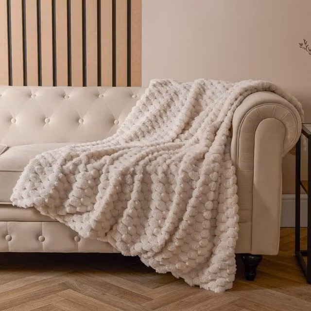 OHS Thick Waffle Faux Fur Soft Fleece Throw Blanket in Beige, W: 160 cm, D: 200 cm