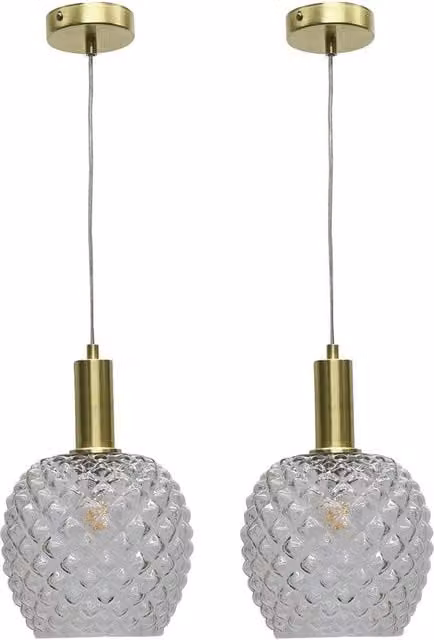 First Choice Lighting Baine Set of 2 Deco Pendant Lights with Clear Textured Glass and Satin Brass Finish – 1
