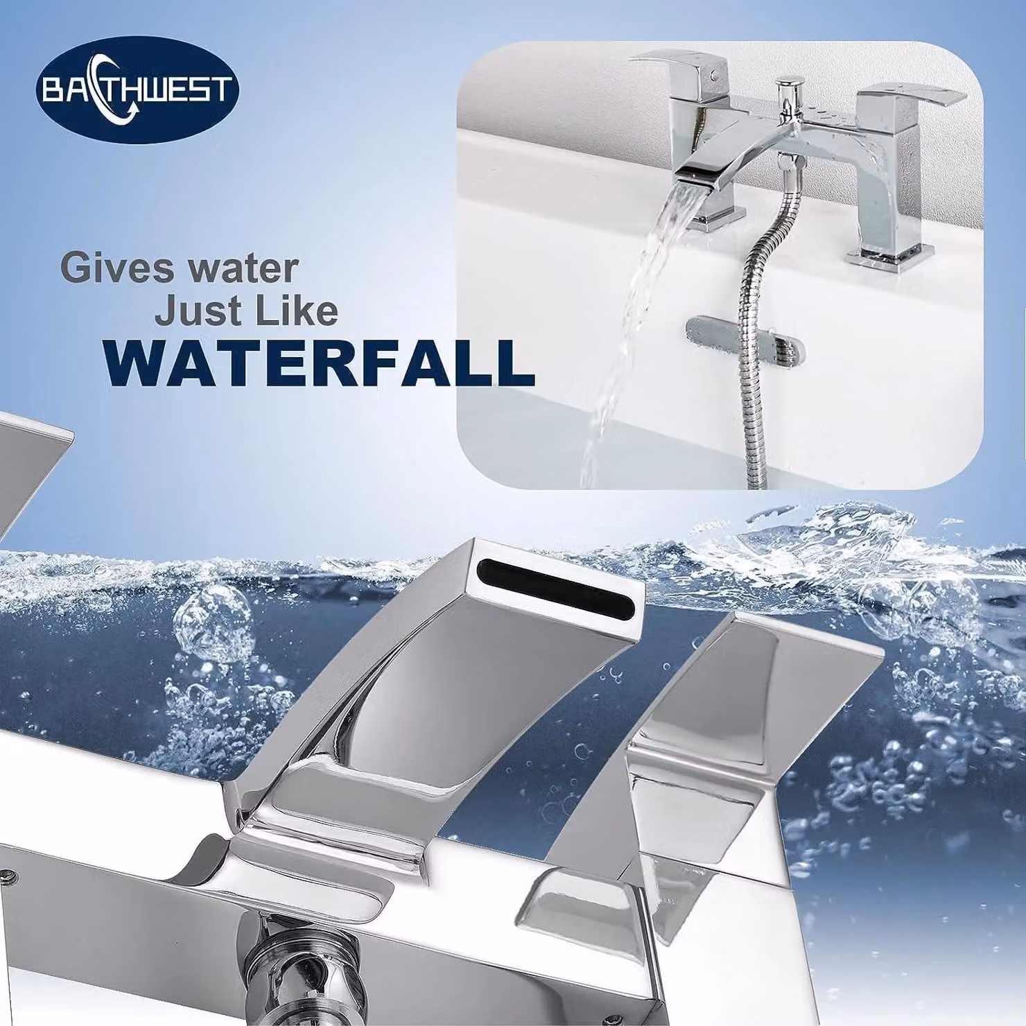 BATHWEST Square Waterfall Bath Mixer Taps with Shower in Chrome Silver – 2