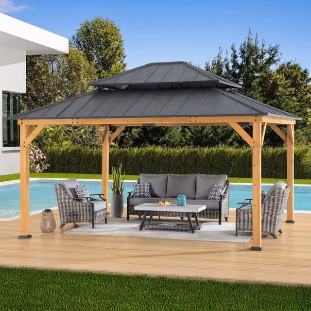 Sunjoy RIMO Modern Gable Gazebo in Anthracite Grey with Wood and Metal Construction