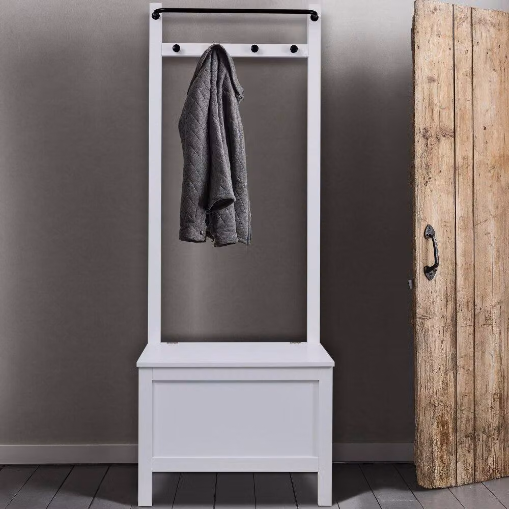 Nöa and Nani Karlstad Modern Hallway Bench with Shoe Rack and Coat Hooks in White – 2