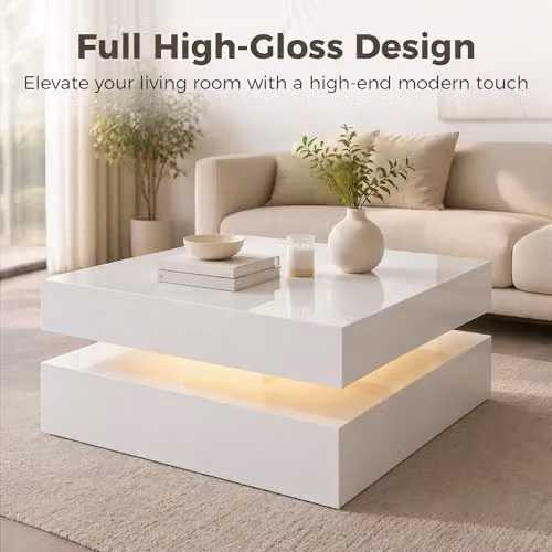 HOMCOM Modern High Gloss White LED Coffee Table with 2-Tier Storage and Lift Mechanism, W/D/H: 78 x 40 x 40 cm – 4