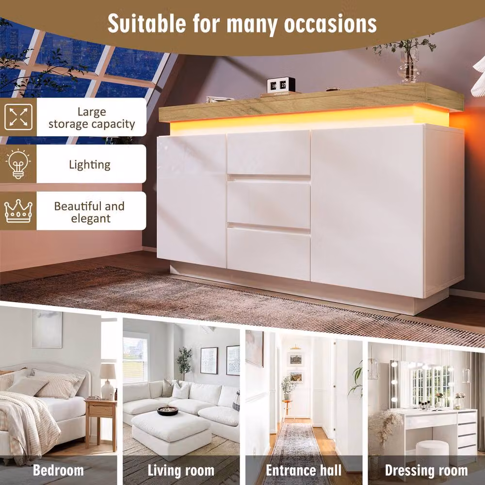 Merax White High Gloss Sideboard Cabinet with Integrated LED Lighting and Drawers – 3